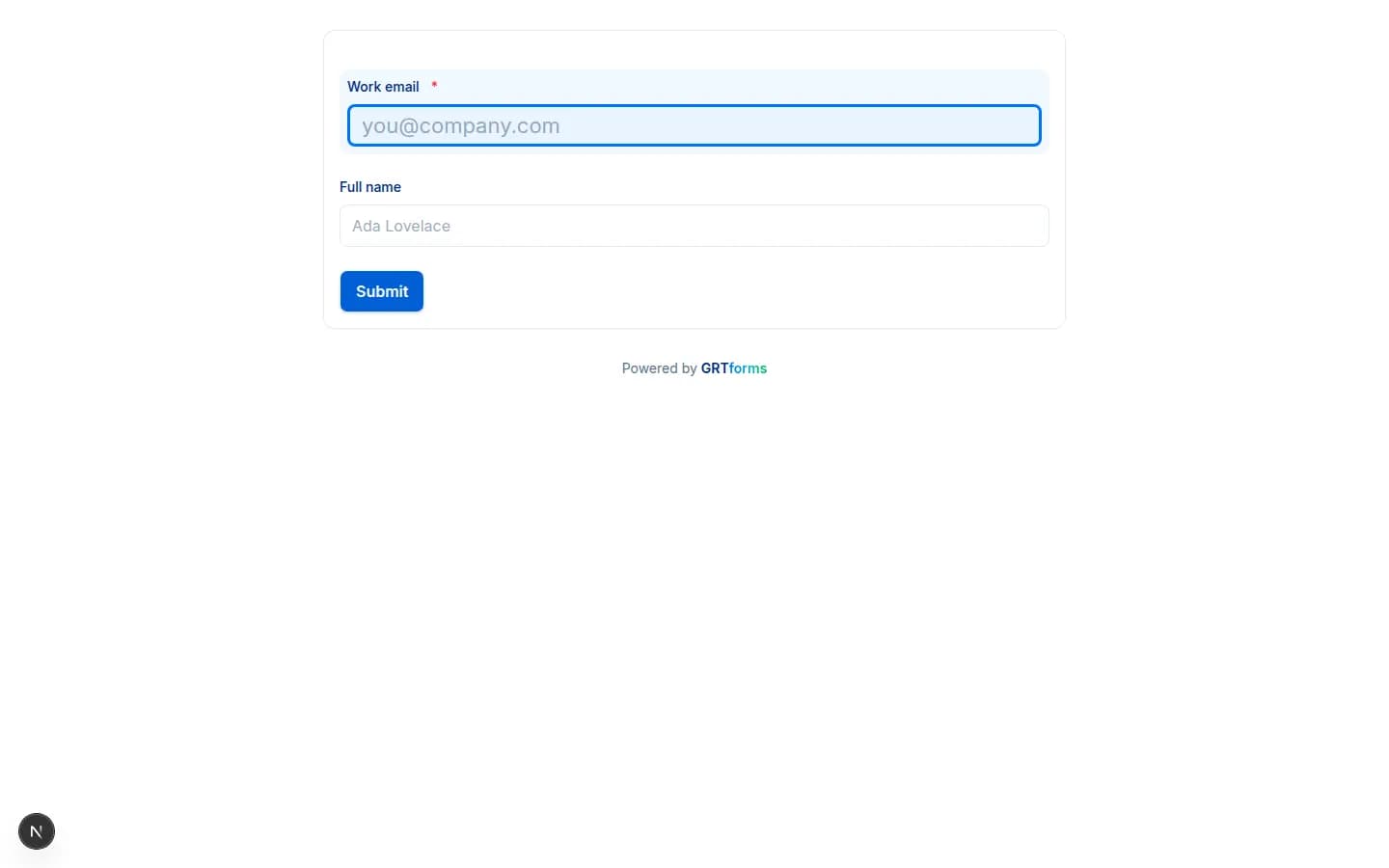 Public GRTforms form with the header hidden, showing only work email and full name fields