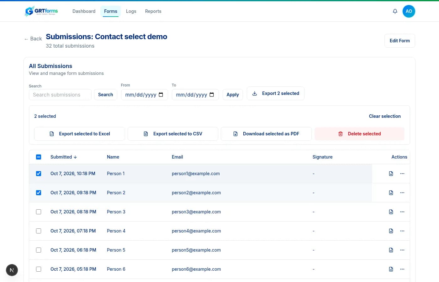 GRTforms submissions table with two rows selected and bulk export to Excel, CSV, PDF, or delete