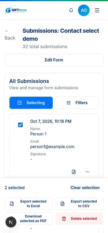 Mobile GRTforms submissions select mode with selected rows and export actions