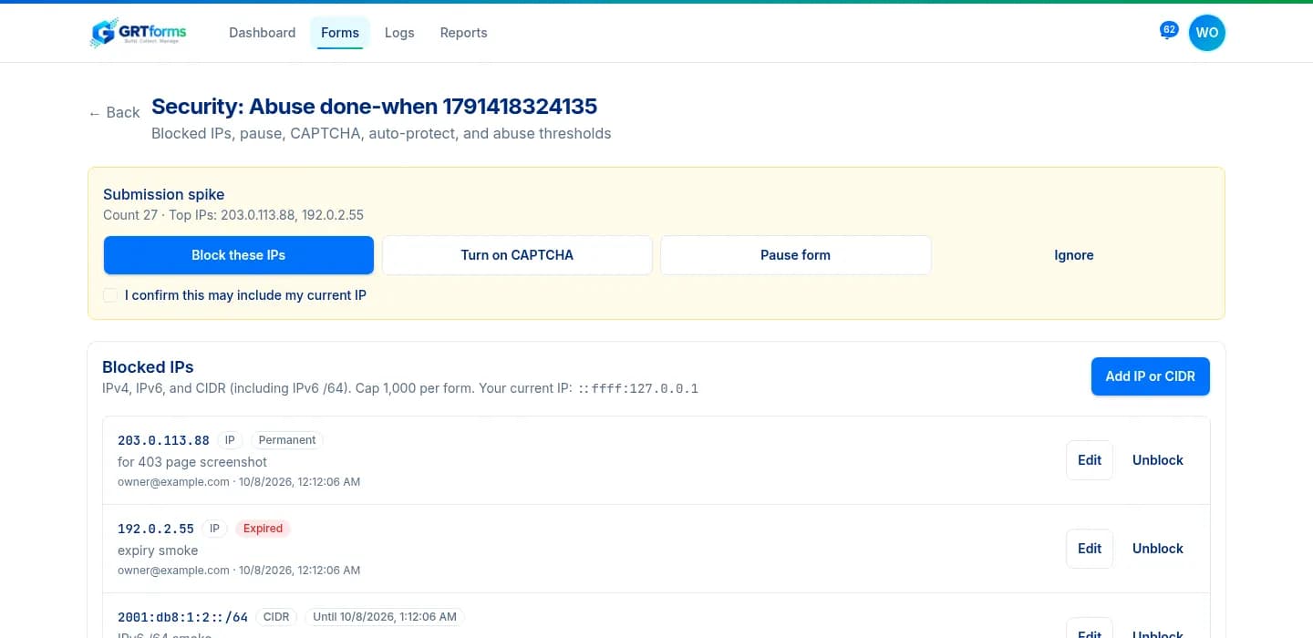 Abuse alert offering Block these IPs, Turn on CAPTCHA, Pause form, and Ignore