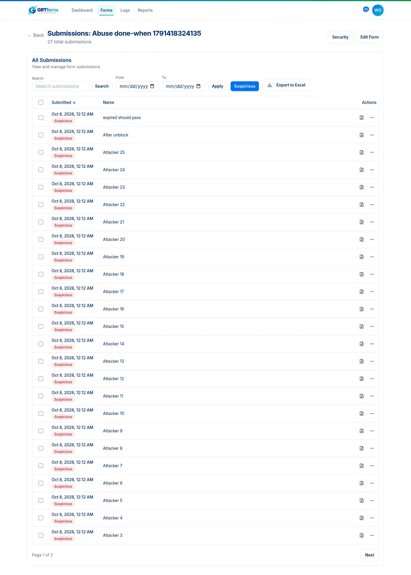 Submissions list filtered to entries marked Suspicious