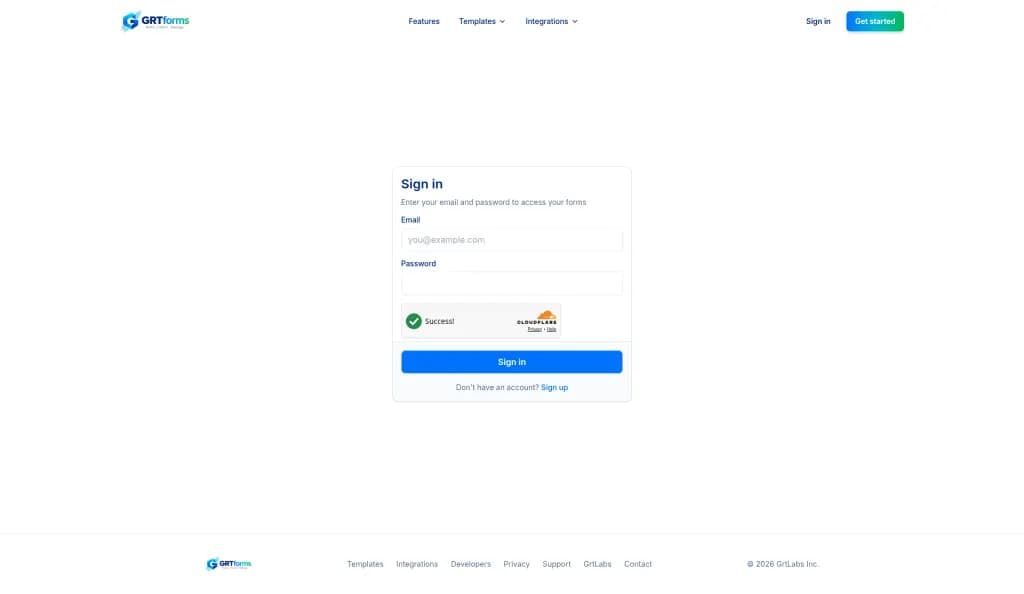 GRTforms sign-in page with Cloudflare Turnstile verification success above Sign in
