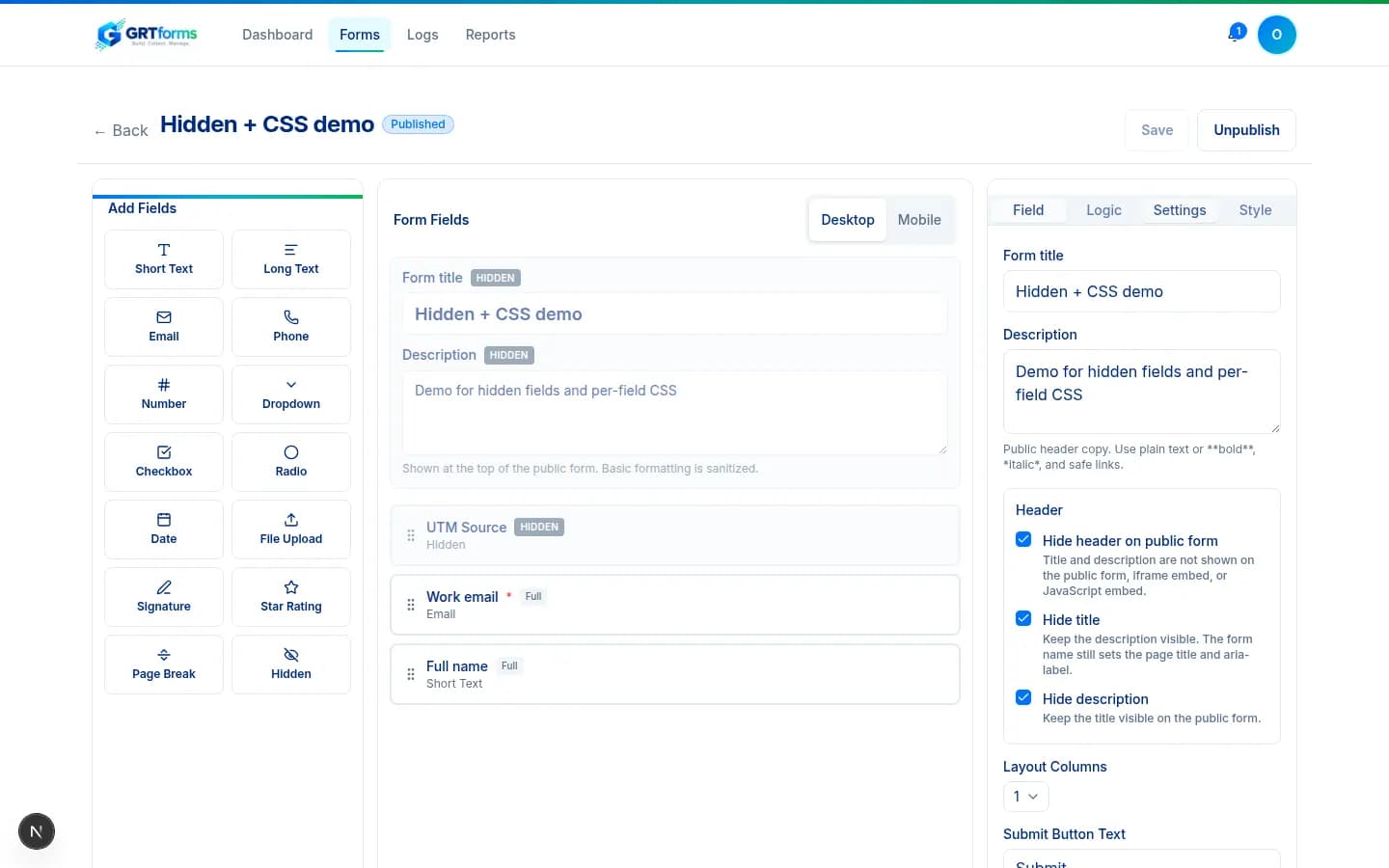 GRTforms builder Settings tab with hide header, hide title, and hide description checkboxes