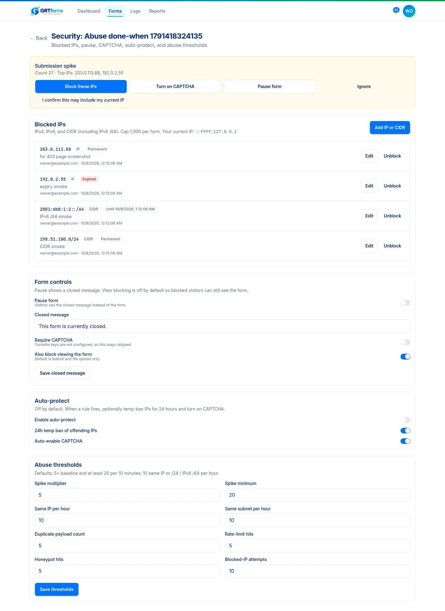 Form Security page listing blocked IPv4, IPv6, and CIDR values with notes and expiry