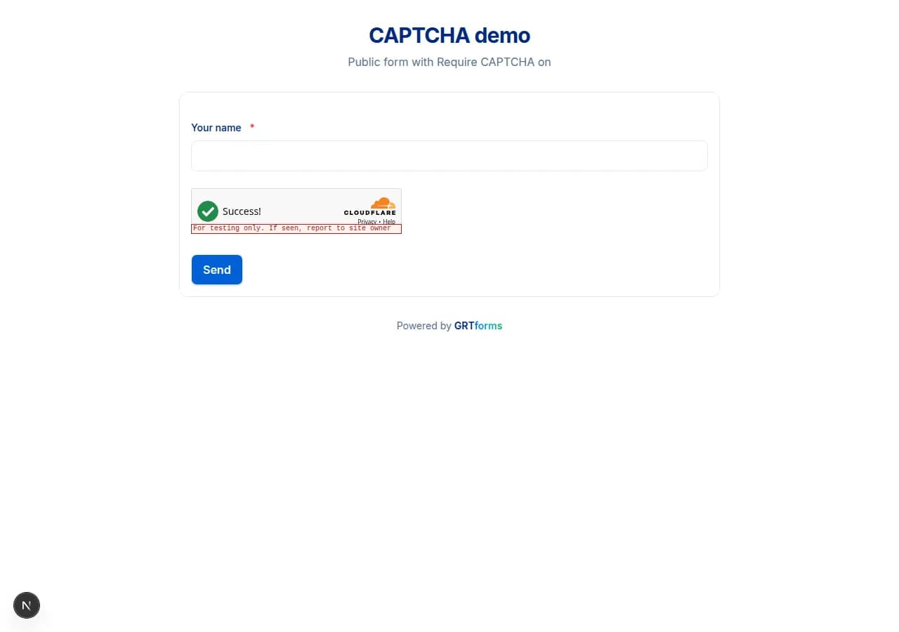 Public GRTforms form with a Cloudflare Turnstile CAPTCHA success state above Send