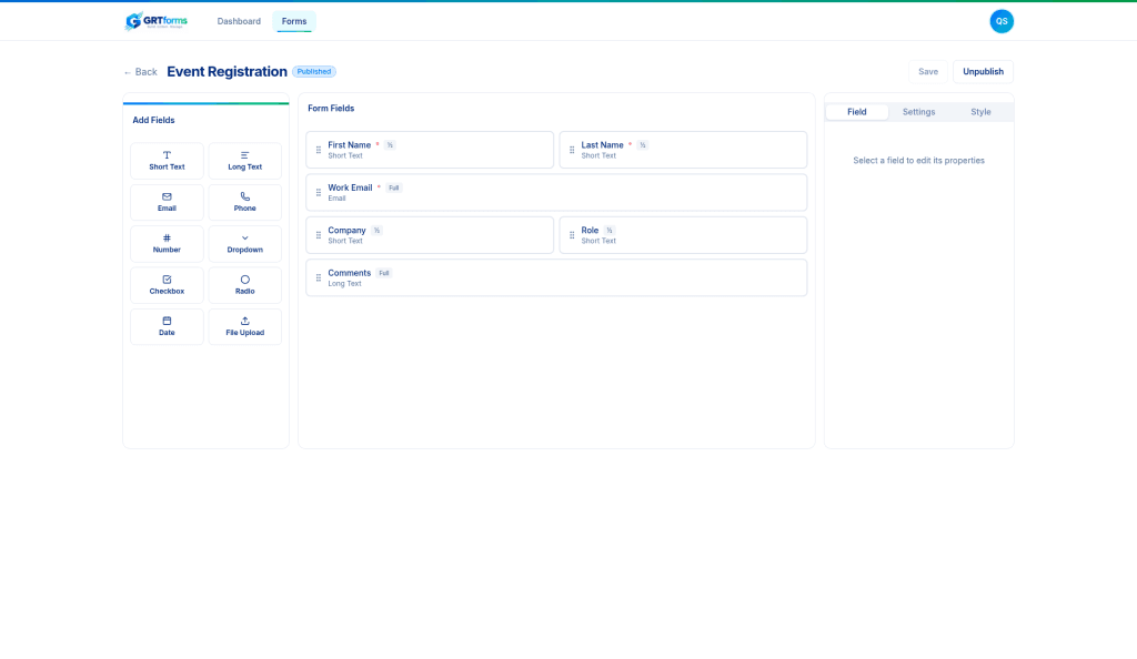 GRTforms drag-and-drop form builder with field palette and live preview