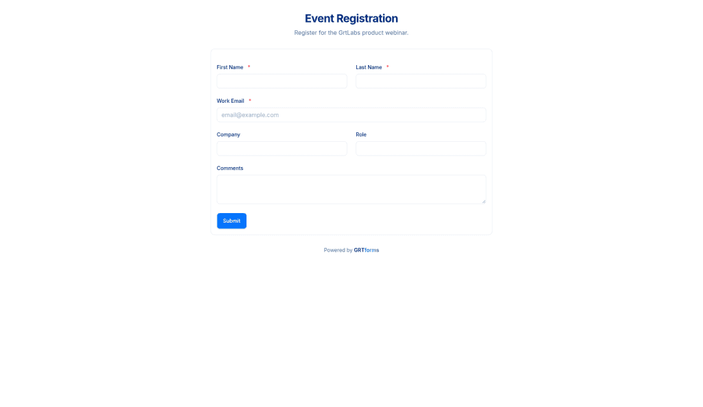 GRTforms public form with validation and file upload support