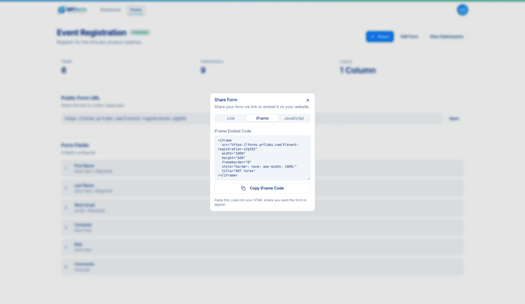 GRTforms share panel with link, iframe, and JavaScript embed options